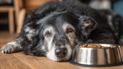 Fototapeta premium Sick dog lying near uneaten dry food bowl concept. A relaxed dog resting beside its food bowl at home.