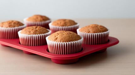 Red silicone muffin pan waiting for cooking cupcakes