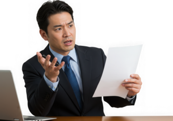 Asian businessman holding a document while sitting at his desk isolated on white isolated on transparent background
