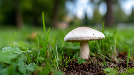 White mushroom growing in green grass