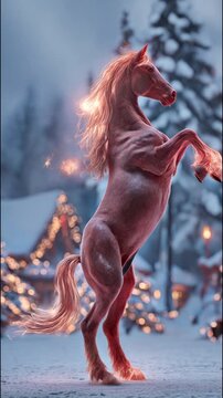 The Chinese New Year 2026 symbol is a red fire horse prancing across a snowy meadow.