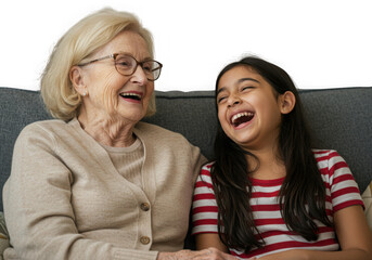 Grandmother and granddaughter share a joyful moment isolated on transparent background