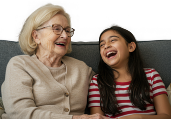 Grandmother and granddaughter share a joyful moment isolated on transparent background