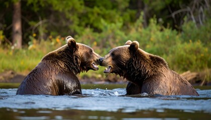 Obraz premium Two brown bears playfully interact in a tranquil river setting, showcasing the beauty of nature's wild inhabitants.