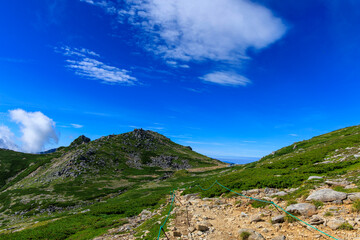 青空と雲に広がる中央アルプス千畳敷カールの登山道と山岳風景