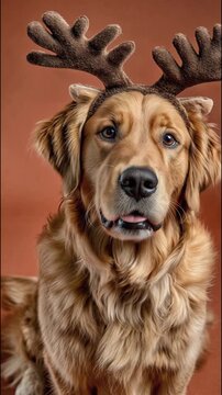 A portrait of an adult Golden Retriever wearing a reindeer antler headband. A cute vertical background for a Christmas or New Year's greeting.