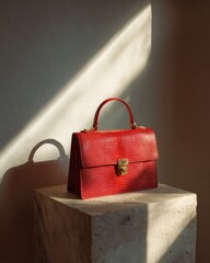 Red handbag on light-colored pedestal, sunlit