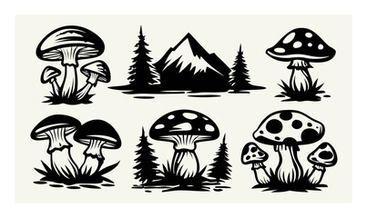 Artistic Black and White Mushroom Designs with Mountains and Trees