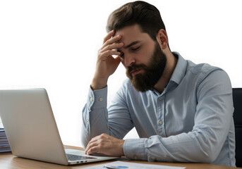 Bearded man working on laptop with a headache isolated on transparent background