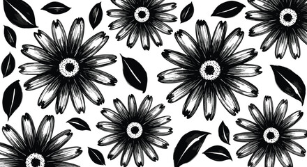 Black and white floral pattern with bold petal details, decorative leaves, seamless botanical design for textile, wallpaper, and graphic art