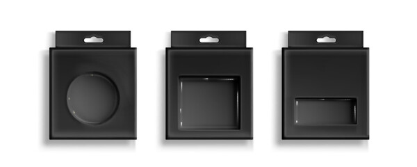 Obraz premium Black box packaging with plastic window cutouts and hanging tabs for retail display on white. Dark cardboard containers with square, circular and rectangular viewing panels for product presentation.