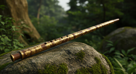 Ornate flute on mossy stone in nature