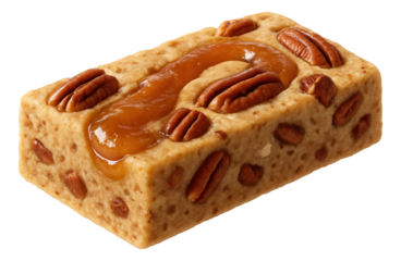 Protein bar with a visible swirl of apple compote and pecan chunks.
