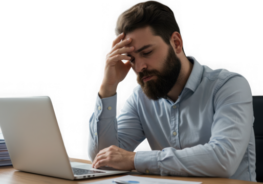 Bearded man working on laptop with a headache isolated on transparent background