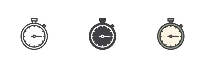 Stopwatch timer icon set in line, solid and filled outline style