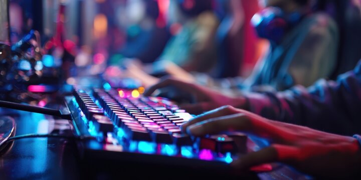 The keyboard glowing with RGB lights as a gamer competes in intense esports battle