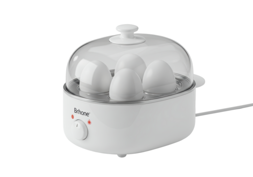 Isolated egg boiler with four eggs inside a dome shaped glass and dial, cooking device appliance