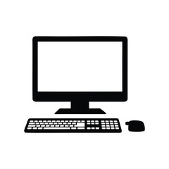 Fototapeta premium Black and White Icon of a Desktop Computer with Keyboard and Mouse, desktop computer illustration silhouette