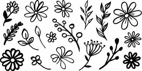 Assortment of Hand Drawn Floral Elements and Botanical Sprigs flower leaf