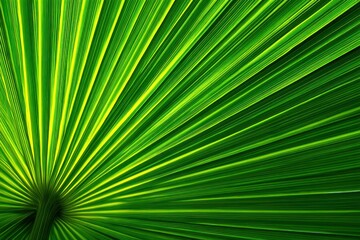 Fototapeta premium Close-up of a vibrant green palm leaf with radiating yellow veins. Leaf is slightly backlit, illuminating its intricate texture