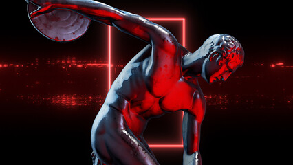 An abstract looping background with a reflective chrome roman statue over a static glitch effect with glowing neon shape.