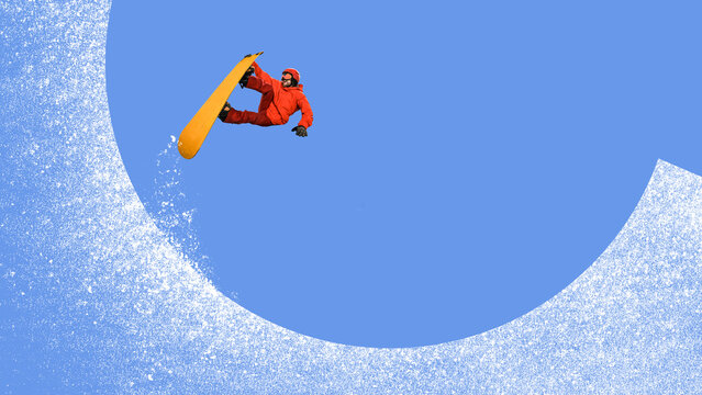 Snowboarder performing trick in halfpipe collage with snow splash. Concept of creativity, adrenaline sport, lifestyle branding, youth energy, modern winter design and fun expression.