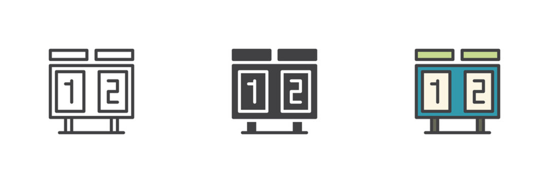 Scoreboard numbers icon set in line, solid and filled outline style