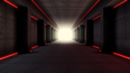 A dark underground secret tunnel with glowing light.