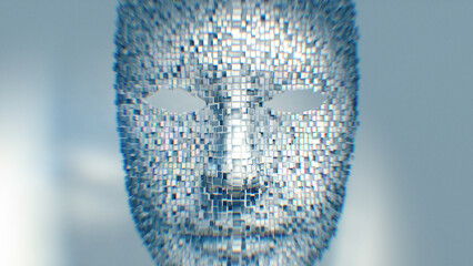 A white face mask made from 3D voxel pieces.