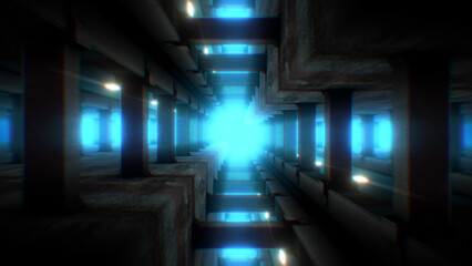 A strange alien like subterranean dark tunnel with glowing neon light.