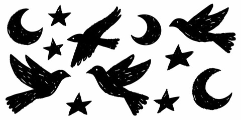 Textured Black Silhouettes of Birds and Moons on White Background flying bird