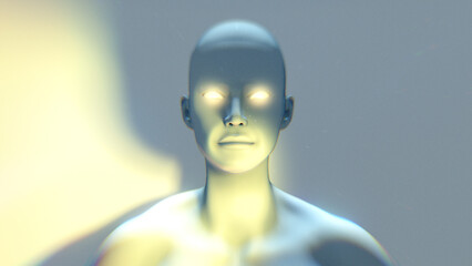 A synthetic humanoid with masked face and glowing eyes.