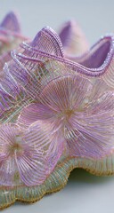 Elaborate footwear with floral-like filigree in iridescent pink and gold, resembling intricate lacework on light surface