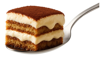 A spoon scoops up a section of tiramisu, showcasing its distinct coffee-soaked layers and creamy mascarpone.