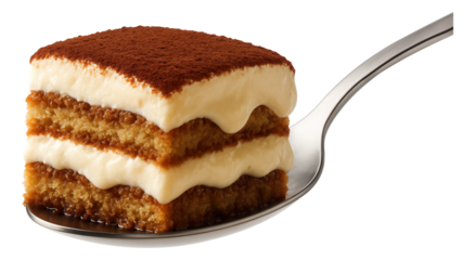 A spoon scoops up a section of tiramisu, showcasing its distinct coffee-soaked layers and creamy mascarpone.