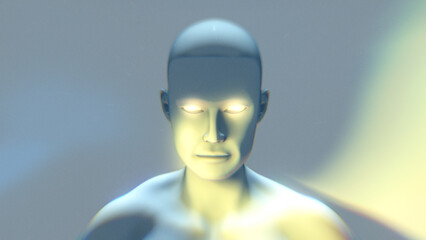 A synthetic humanoid with masked face and glowing eyes.