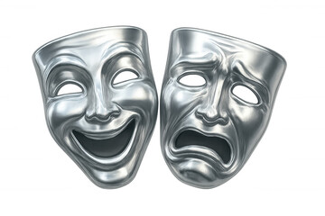 Obraz na płótnie Canvas Theatrical metallic masks representing comedy and tragedy, symbolizing performance drama, displayed against transparent backdrop