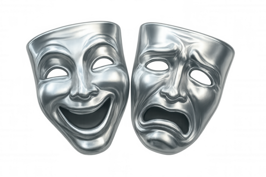 Theatrical metallic masks representing comedy and tragedy, symbolizing performance drama, displayed against transparent backdrop - Powered by Adobe