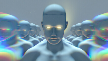 Endless rows of synthetic humanoids with glowing eyes.