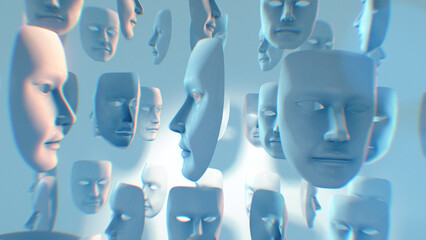Lots of spinning white theatre masks with dramatic light and shadow.