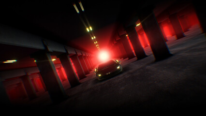 An endless background of a dark moodily lit underground carpark.