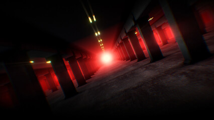 An endless background of a dark moodily lit underground carpark.