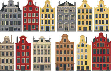 Colorful traditional Dutch houses, Amsterdam architecture, European cityscape illustration, classic canal buildings, gabled facades, urban travel concept, vector art