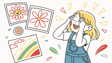 Excited Young Girl with Blonde Hair Celebrating Her Artwork with Joyful Expression.