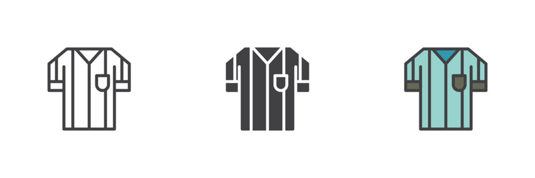 Soccer referee jersey icon set in line, solid and filled outline style