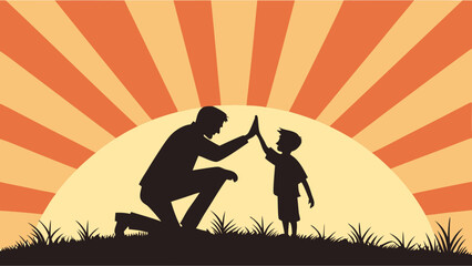 Fototapeta premium Father and Son Silhouette High Five at Sunset.