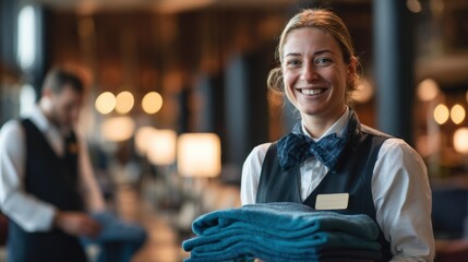 Smiling blond European woman in a black vest holds neatly stacked towels in a modern hotel lobby. A male staff member is visible in the background.