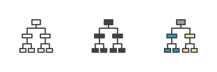 Soccer tournament bracket icon set in line, solid and filled outline style