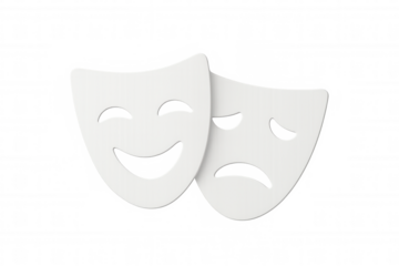 Two white masks representing comedy and tragedy are placed on a transparent background, symbolizing the duality of human emotions in theatrical performances