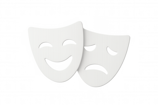 Two white masks representing comedy and tragedy are placed on a transparent background, symbolizing the duality of human emotions in theatrical performances